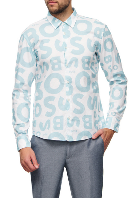 Рубашка из натурального хлопка с логотипированным принтом|Основной цвет:Голубой|Артикул:50473837 | Фото 1