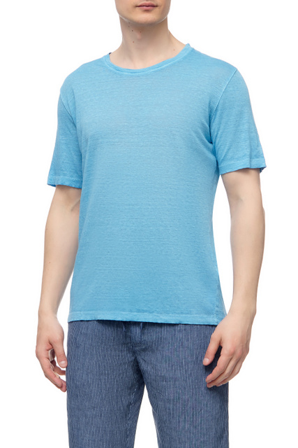 Льняная однотонная футболка|Основной цвет:Голубой|Артикул:V0M7186000E908S00 | Фото 1