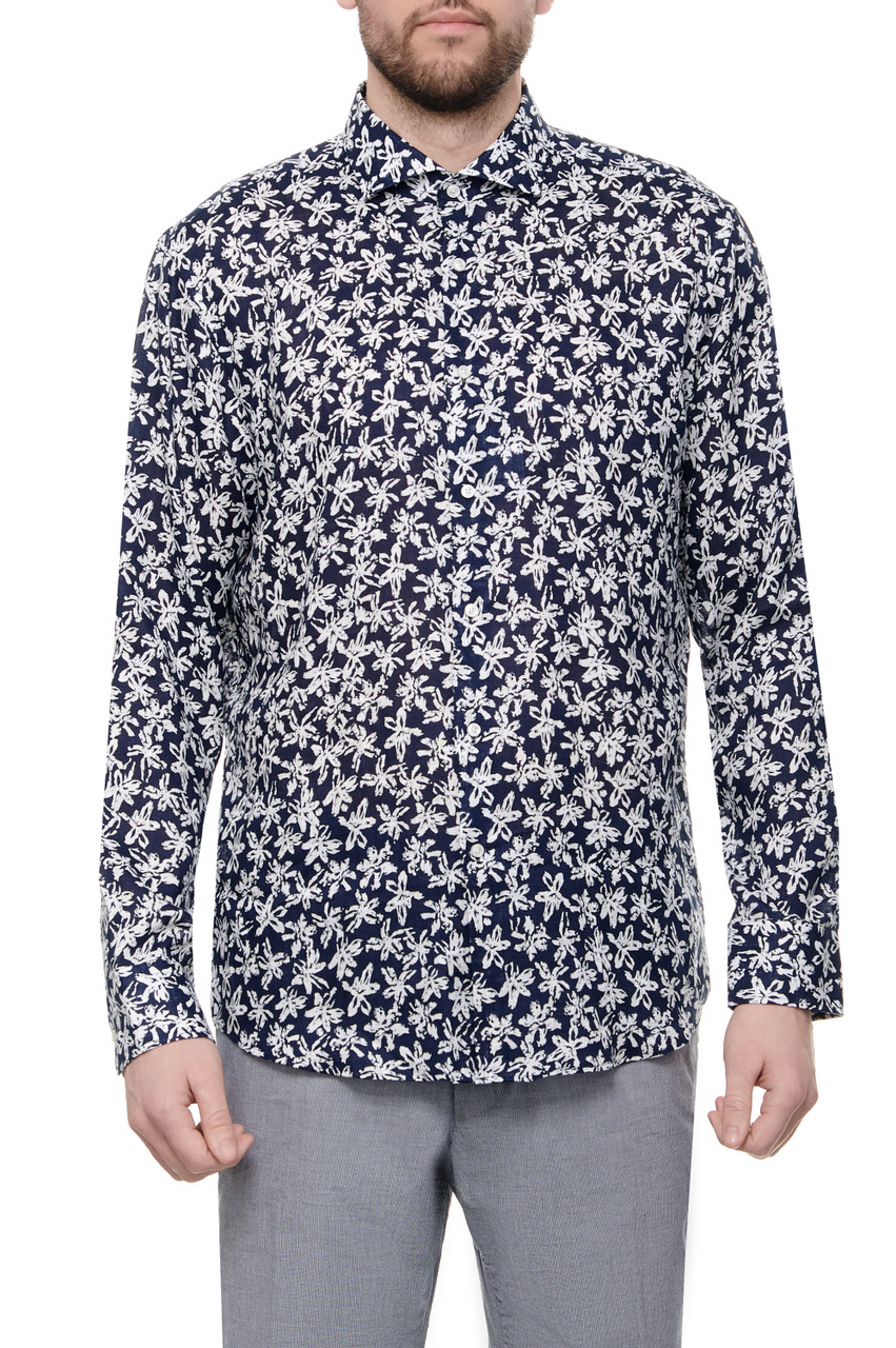 Рубашка из чистого льна с принтом|Основной цвет:Синий|Артикул:50514898 | Фото 1
