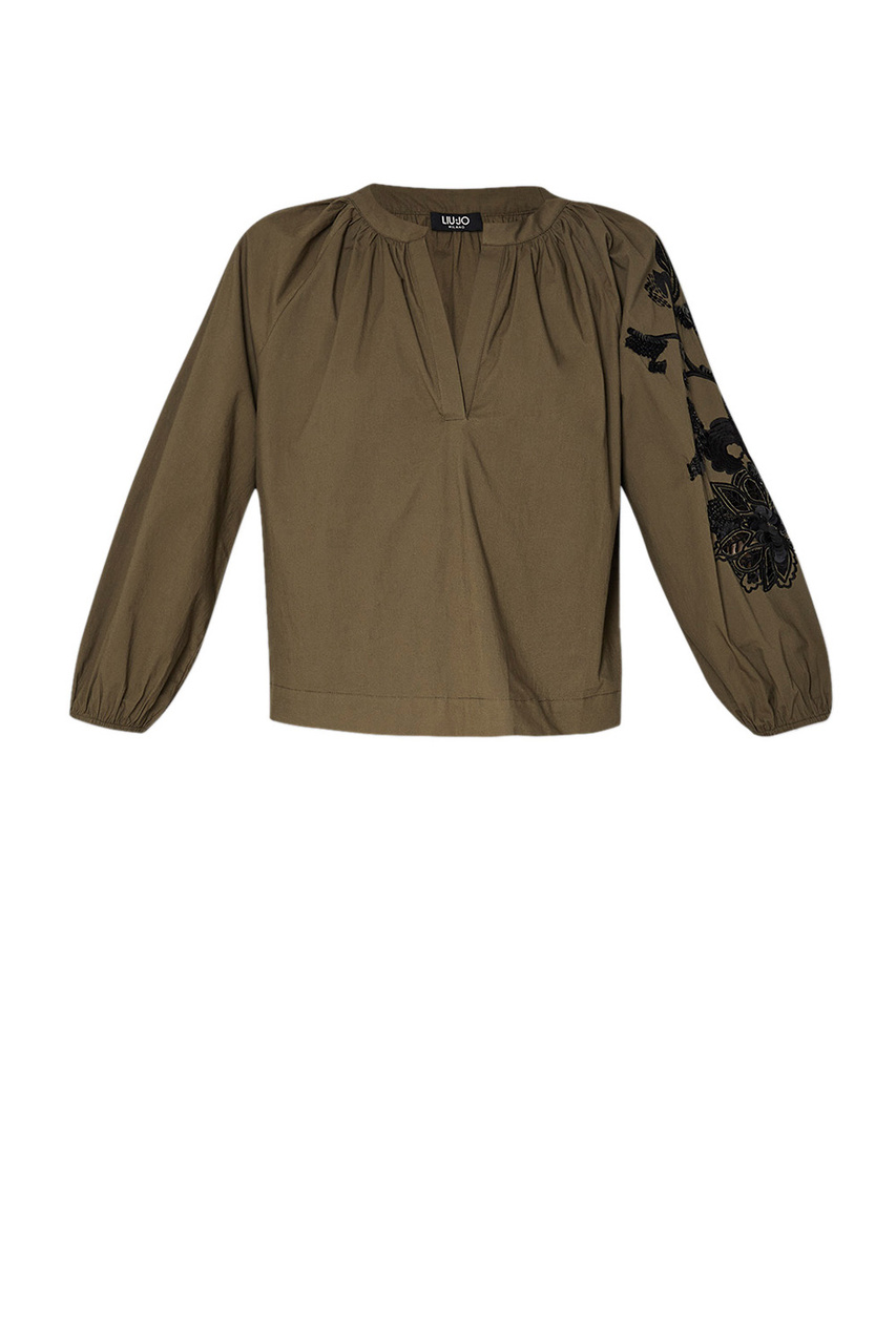 Блузка с вышивкой и пайетками|Основной цвет:Хаки|Артикул:CA3182T3372 | Фото 1