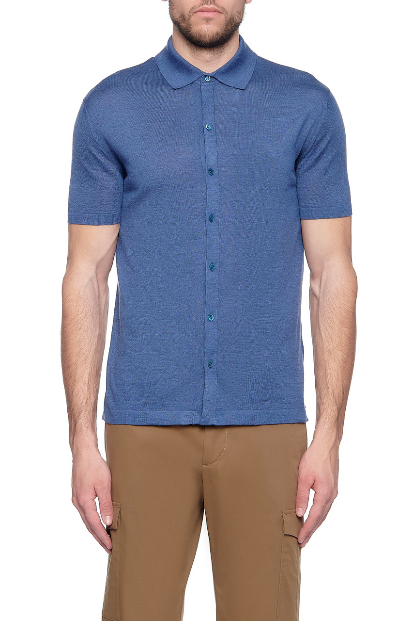 Рубашка поло из натурального шелка с добавлением льна|Основной цвет:Синий|Артикул:CU25.306 | Фото 1
