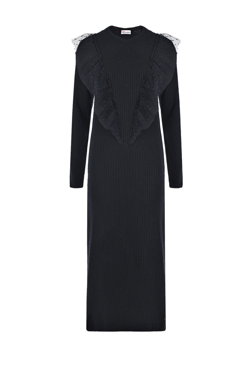 Трикотажное платье с сетчатыми рюшами|Основной цвет:Черный|Артикул:WR3KD02Y64E | Фото 1