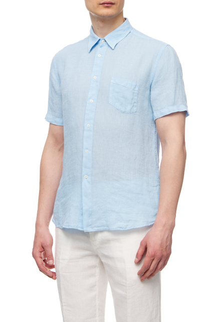 Льняная рубашка с коротким рукавом и нагрудным карманом|Основной цвет:Голубой|Артикул:V0M13680000115000 | Фото 1