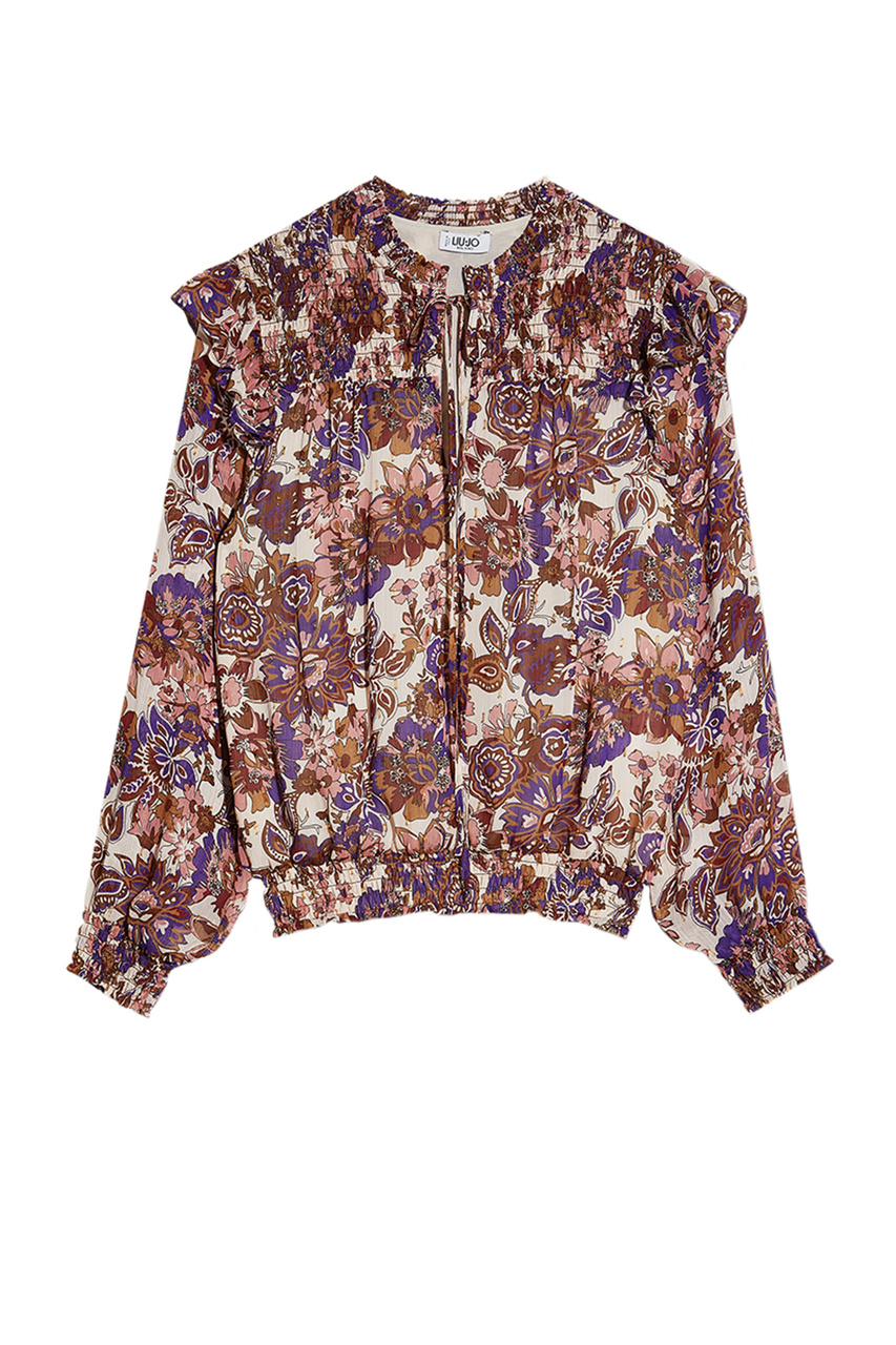Блузка с рюшами и цветочным принтом|Основной цвет:Разноцветный|Артикул:WF1201T8726 | Фото 1
