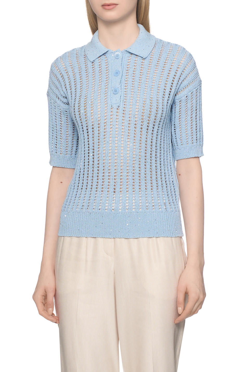 Джемпер-поло из смесового хлопка|Основной цвет:Голубой Женский Peserico Джемпер-поло из смесового хлопка (цвет ), артикул A99081F05-09110 | Фото 3