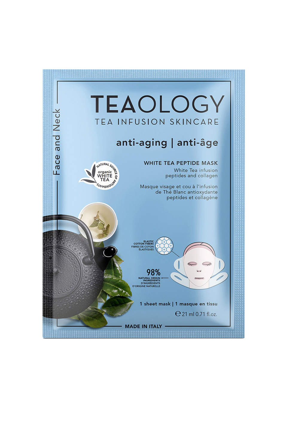 Не имеет пола Teaology Антивозрастная тканевая маска для лица и шеи c настоем белого чая, пептидами и коллагеном White Tea Peptide Mask, 21 мл (цвет ), артикул T50090 | Фото 1
