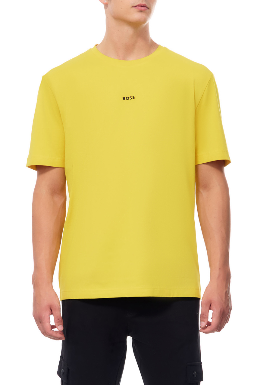 Футболка из эластичного хлопка с мелким логотипом|Основной цвет:Желтый|Артикул:50473278 | Фото 1