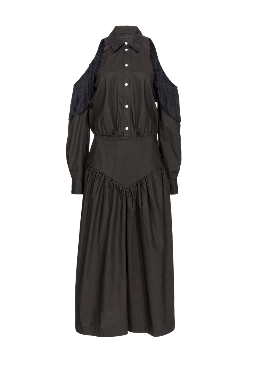 Платье-рубашка HAZZARD с открытыми плечами и бахромой|Основной цвет:Черный|Артикул:103630A1X8 | Фото 1