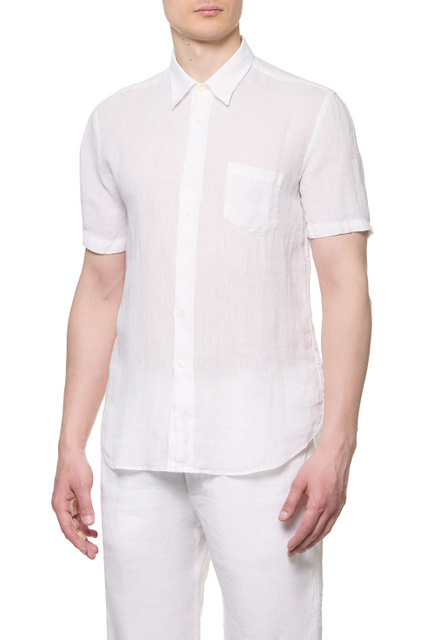 Льняная рубашка с коротким рукавом и нагрудным карманом|Основной цвет:Белый|Артикул:V0M13680000115000 | Фото 1