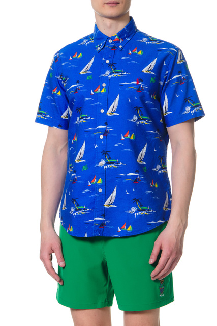 Рубашка из натурального хлопка с принтом|Основной цвет:Синий|Артикул:710867318001 | Фото 1