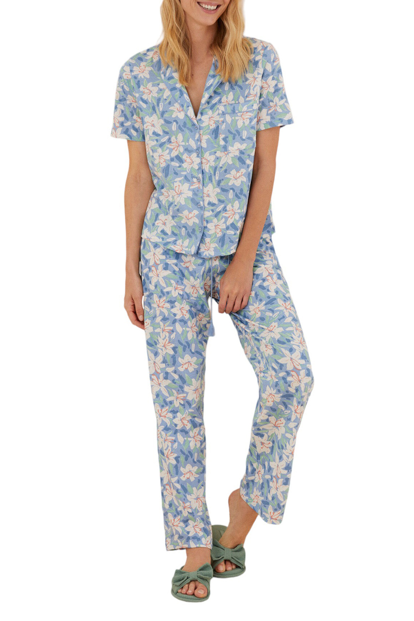 Пижама из натурального хлопка с принтом|Основной цвет:Голубой|Артикул:3136922 | Фото 1