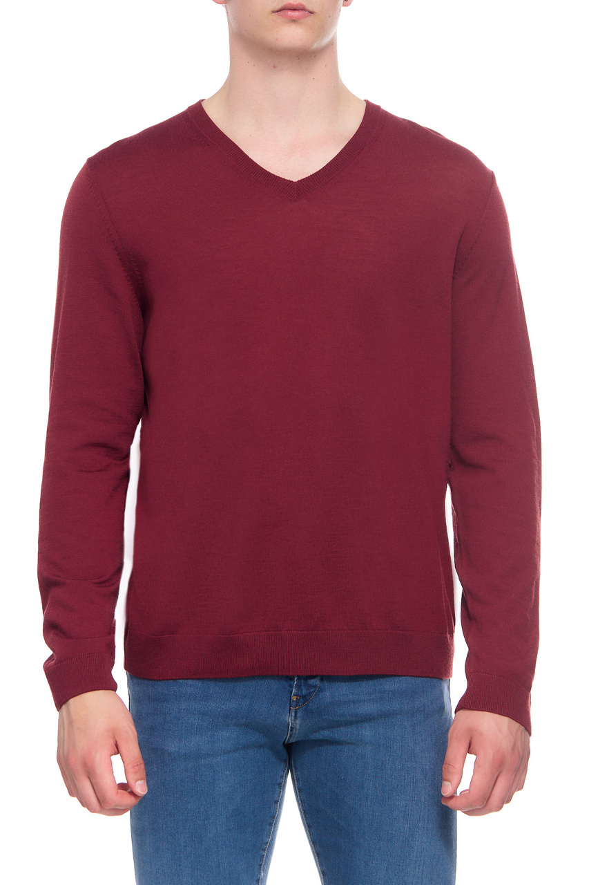 Пуловер из натуральной шерсти с V-образным вырезом|Основной цвет:Бордовый|Артикул:50468261 | Фото 1