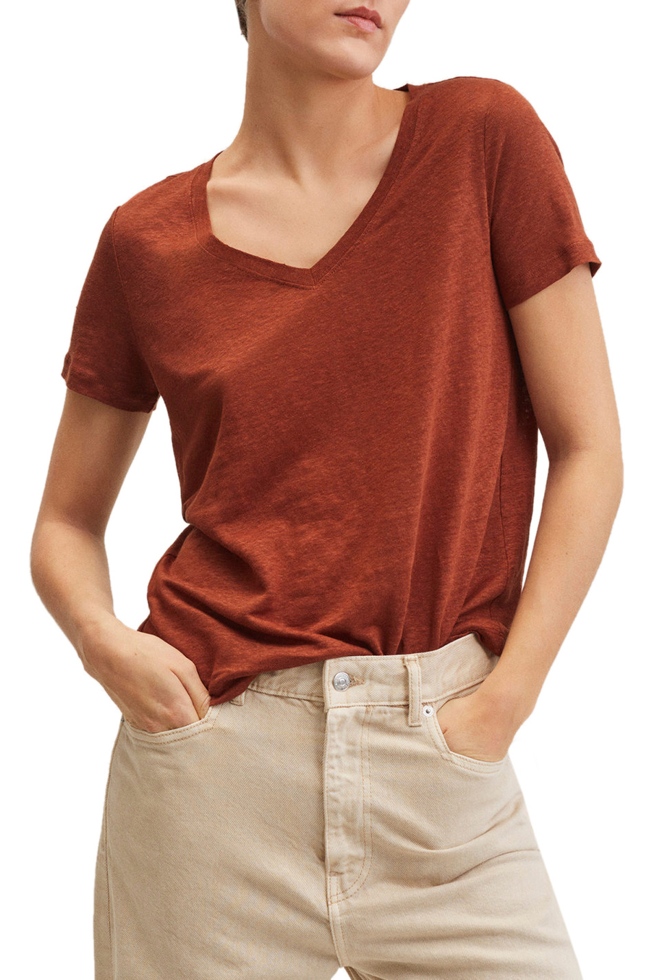 Женский Mango Льняная футболка LINITO с V-образным вырезом (цвет ), артикул 27005801 | Фото 3
