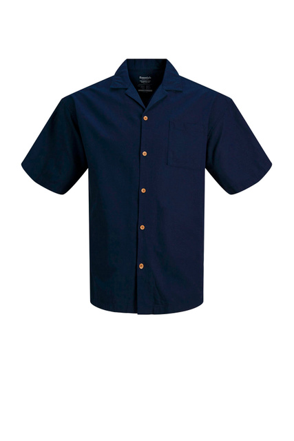 Рубашка из хлопка и льна с коротким рукавом|Основной цвет:Синий|Артикул:12196823 | Фото 1