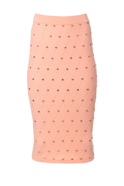 Трикотажная юбка-карандаш с ромбовидным узором|Основной цвет:Коралловый|Артикул:GK46B21E2 | Фото 1