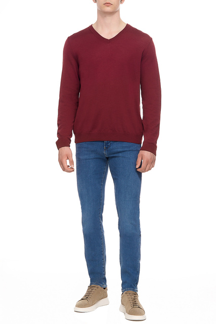 Пуловер из натуральной шерсти с V-образным вырезом|Основной цвет:Бордовый|Артикул:50468261 | Фото 2