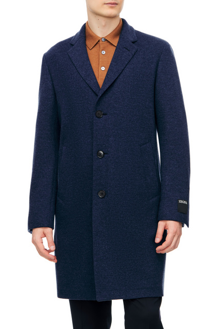 Пальто из кашемира с логотипом на рукаве|Основной цвет:Синий|Артикул:477045-4DB5S0-N-R | Фото 1