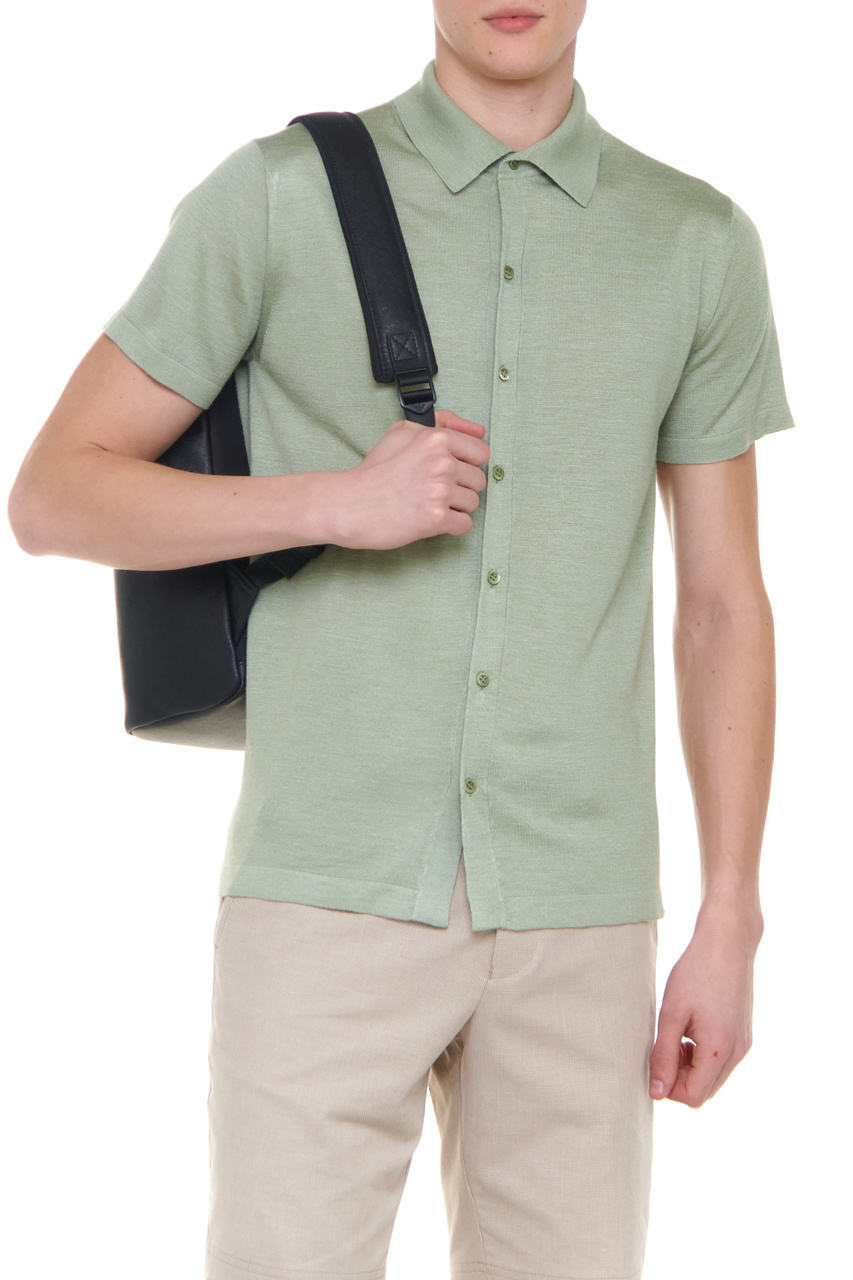 Рубашка поло из натурального шелка с добавлением льна|Основной цвет:Зеленый|Артикул:CU25.306 | Фото 1