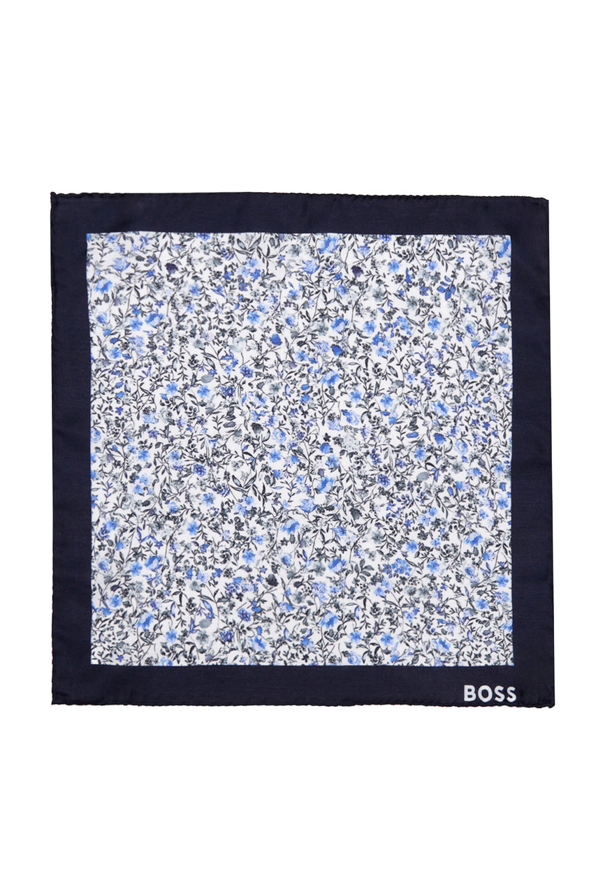 Платок из смесового шелка с принтом|Основной цвет:Синий|Артикул:50520381 | Фото 1