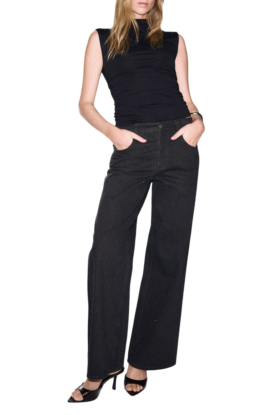 Женский Mango Джинсы LIBRA широкого кроя со стразами (цвет ), артикул 17029114 | Фото 2