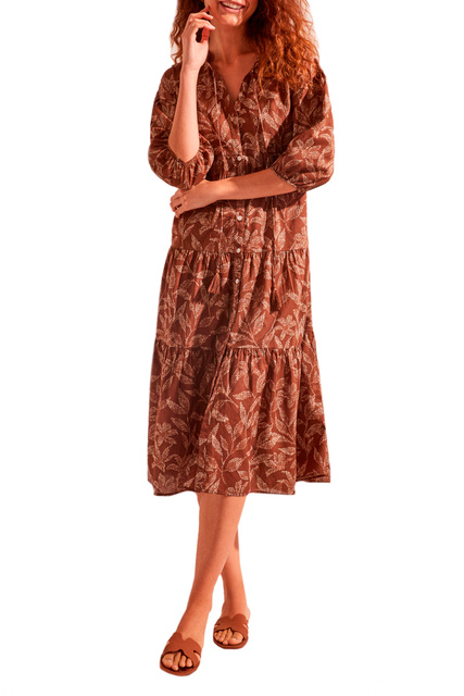 Расклешенное платье из натурального хлопка с принтом|Основной цвет:Коричневый|Артикул:5544252 | Фото 1