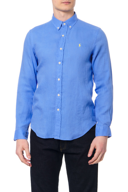 Льняная рубашка с фирменной вышивкой|Основной цвет:Голубой|Артикул:710829443008 | Фото 1
