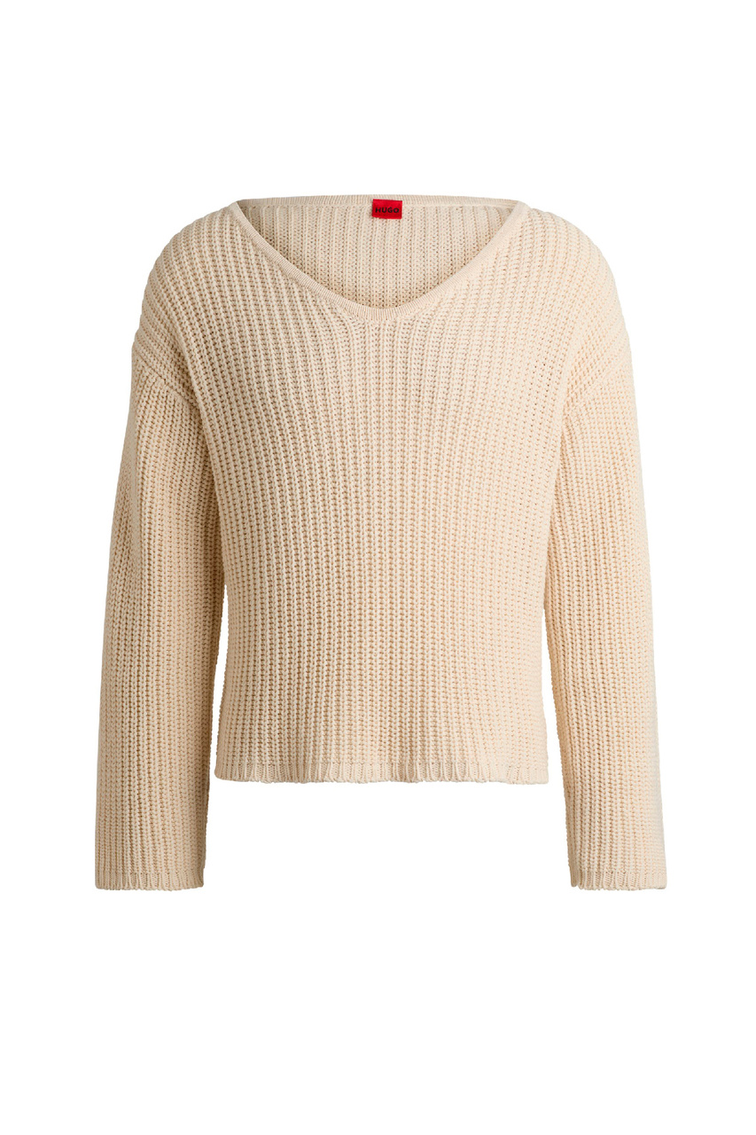 Пуловер с V-образным вырезом|Основной цвет:Бежевый|Артикул:50514305 | Фото 1