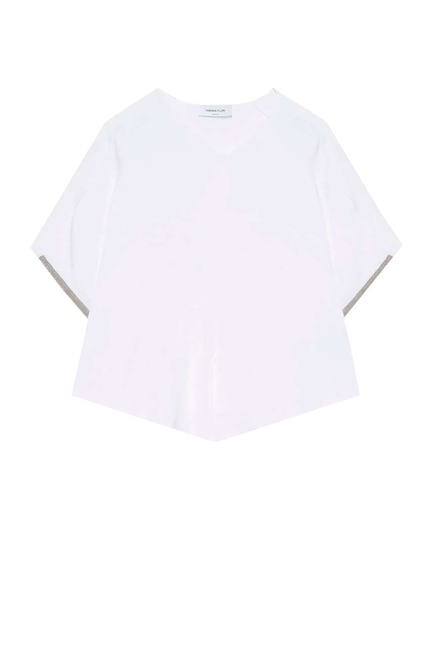 Блузка с блестящей окантовкой на рукавах|Основной цвет:Белый|Артикул:TPD273W309 | Фото 1