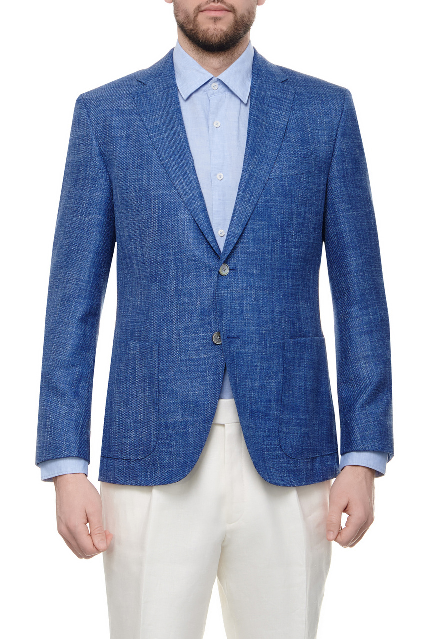 Пиджак из шерсти, шелка и льна|Основной цвет:Синий|Артикул:50514639 | Фото 1