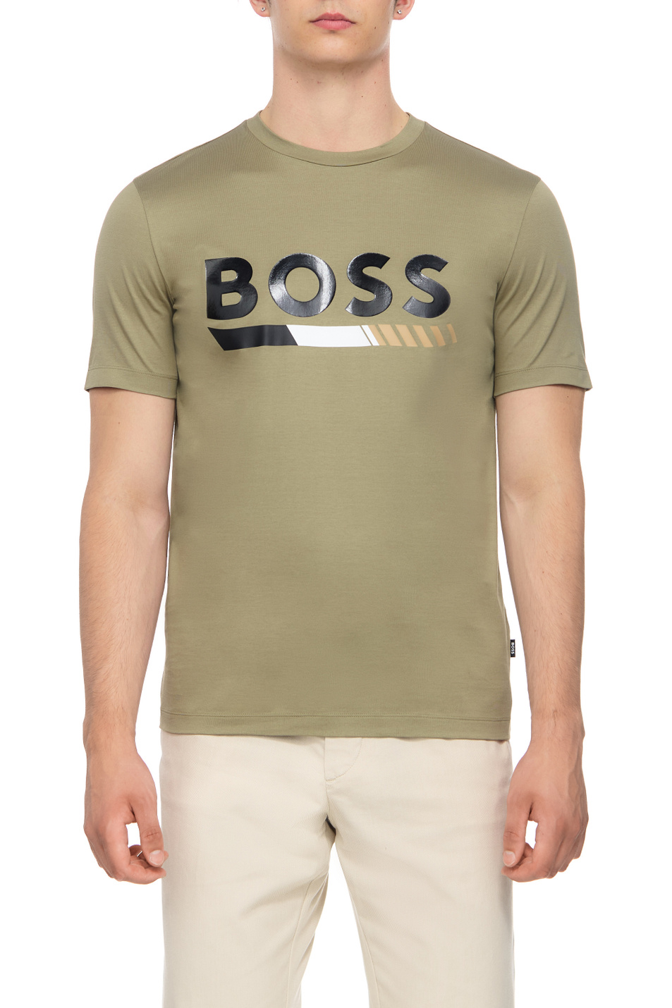 BOSS мужская футболка из натурального хлопка с логотипом хаки цвет ...