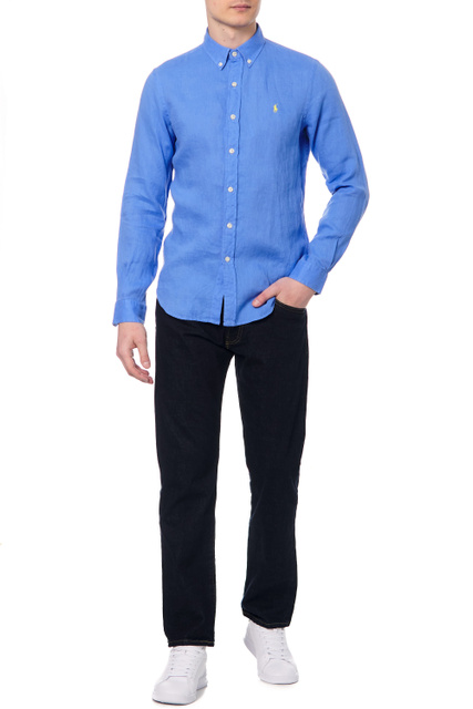 Льняная рубашка с фирменной вышивкой|Основной цвет:Голубой|Артикул:710829443008 | Фото 2