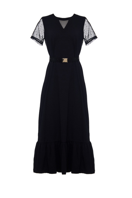 Платье из эластичного хлопка с поясом|Основной цвет:Черный|Артикул:TA3164JS088 | Фото 1