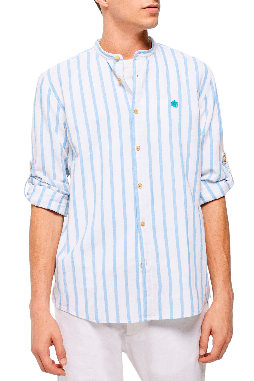 Рубашка из льна и хлопка в полоску|Основной цвет:Голубой|Артикул:0995619 | Фото 1
