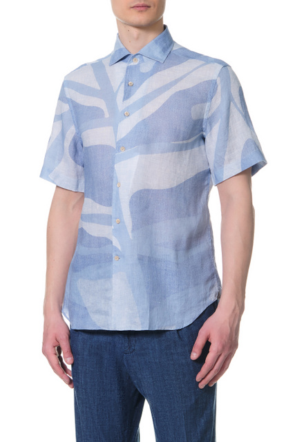 Льняная рубашка с принтом|Основной цвет:Голубой|Артикул:89I126-2111903 | Фото 1