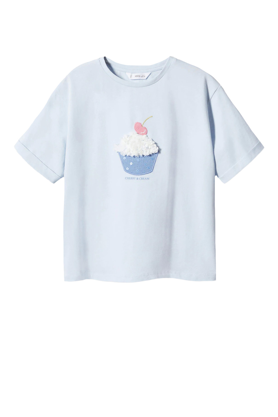 Девочкам Mango Kids Футболка CUPCAKE из натурального хлопка (цвет голубой), артикул 47022878 | Фото 1