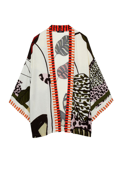 Открытое кимоно с принтом|Основной цвет:Кремовый|Артикул:197454 | Фото 1