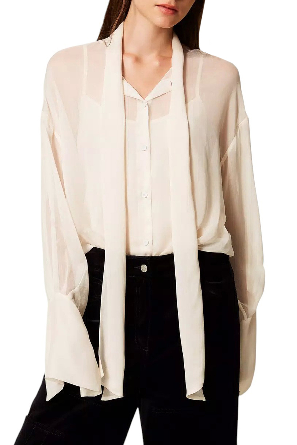 Блузка с воротником-бабочкой|Основной цвет:Кремовый Женский TWINSET Milano Блузка с воротником-бабочкой (цвет ), артикул 252AT2210 | Фото 3