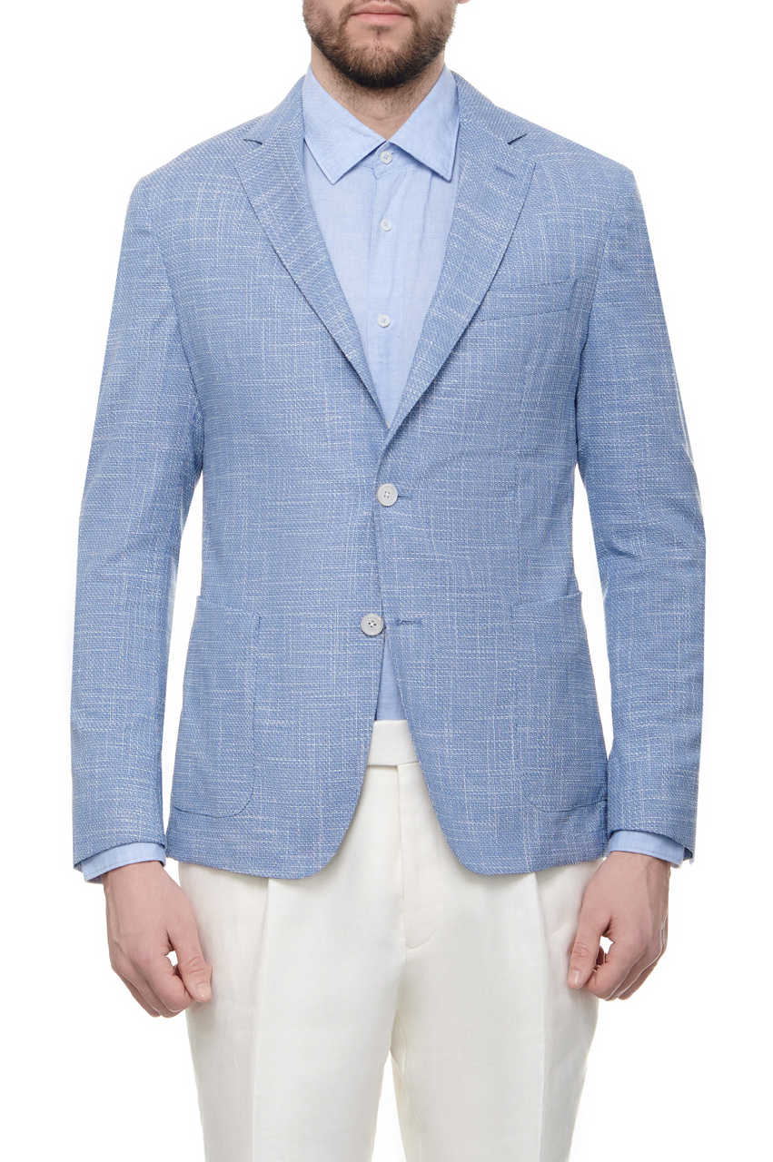Пиджак из смесовой шерсти с добавлением хлопка и льна|Основной цвет:Голубой|Артикул:50514665 | Фото 1