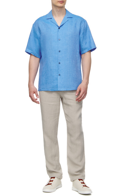 Льняная рубашка с коротким рукавом|Основной цвет:Синий|Артикул:305291-ZCOB2-G | Фото 2