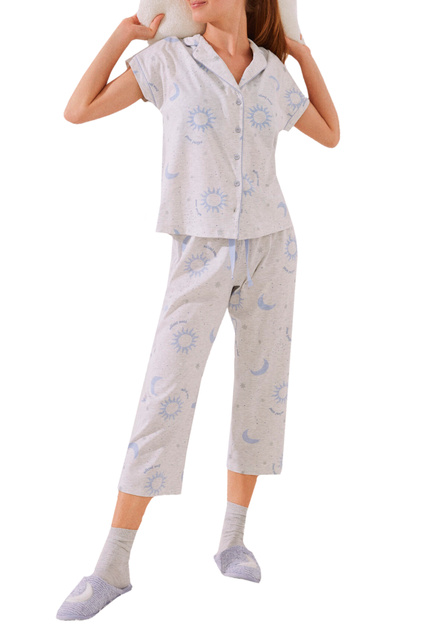 Пижама в рубашечном стиле с принтом|Основной цвет:Голубой|Артикул:3134864 | Фото 1