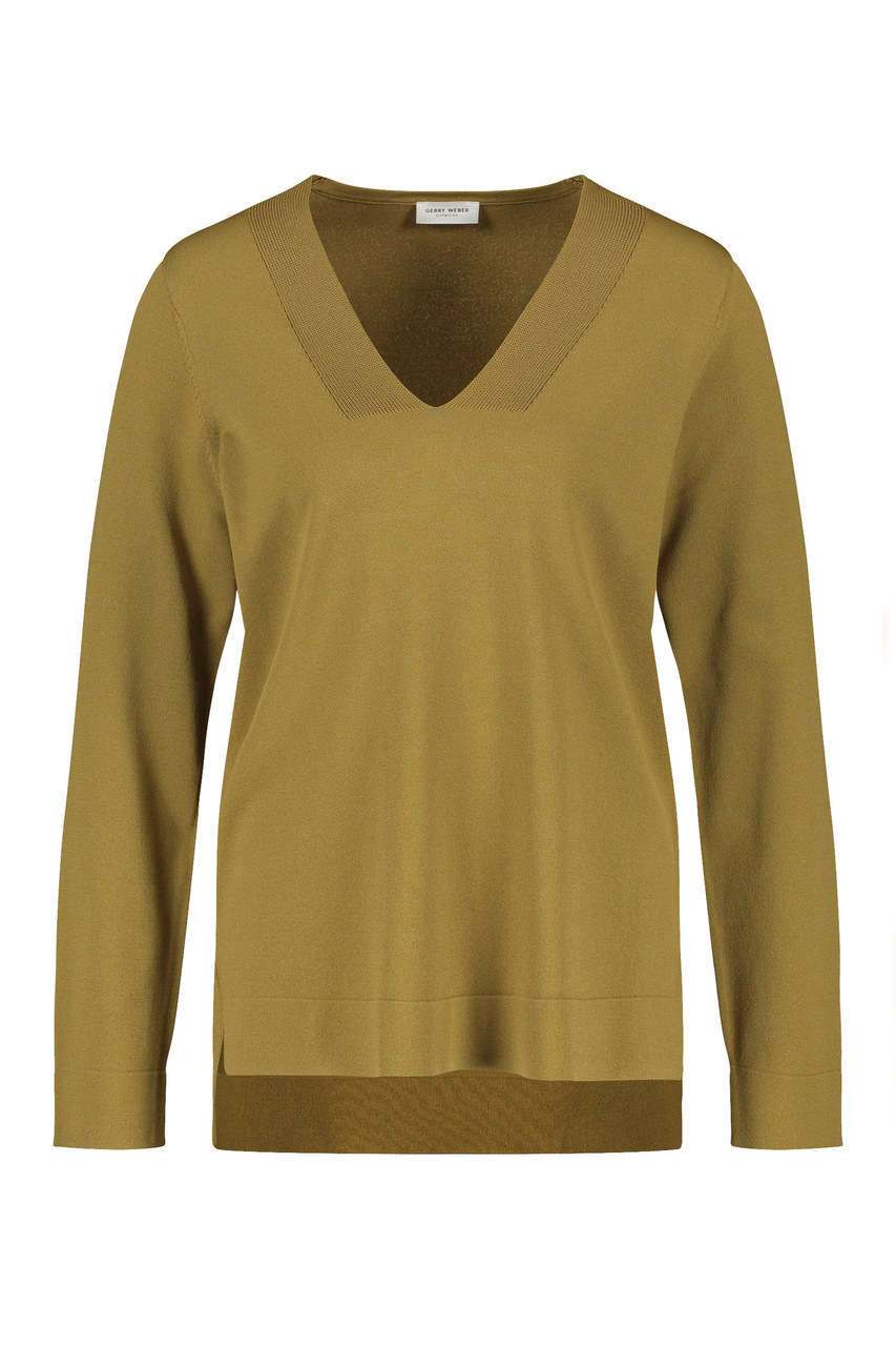Пуловер с V-образным вырезом из смесовой вискозы|Основной цвет:Хаки|Артикул:571026-35709 | Фото 1