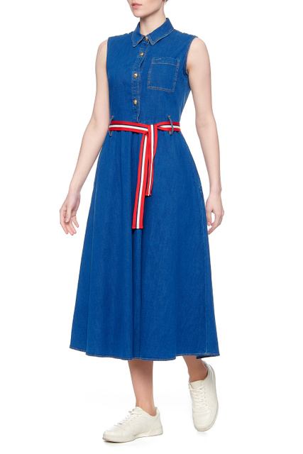 Джинсовое платье с контрастным поясом|Основной цвет:Синий|Артикул:UA1168D4435 | Фото 1