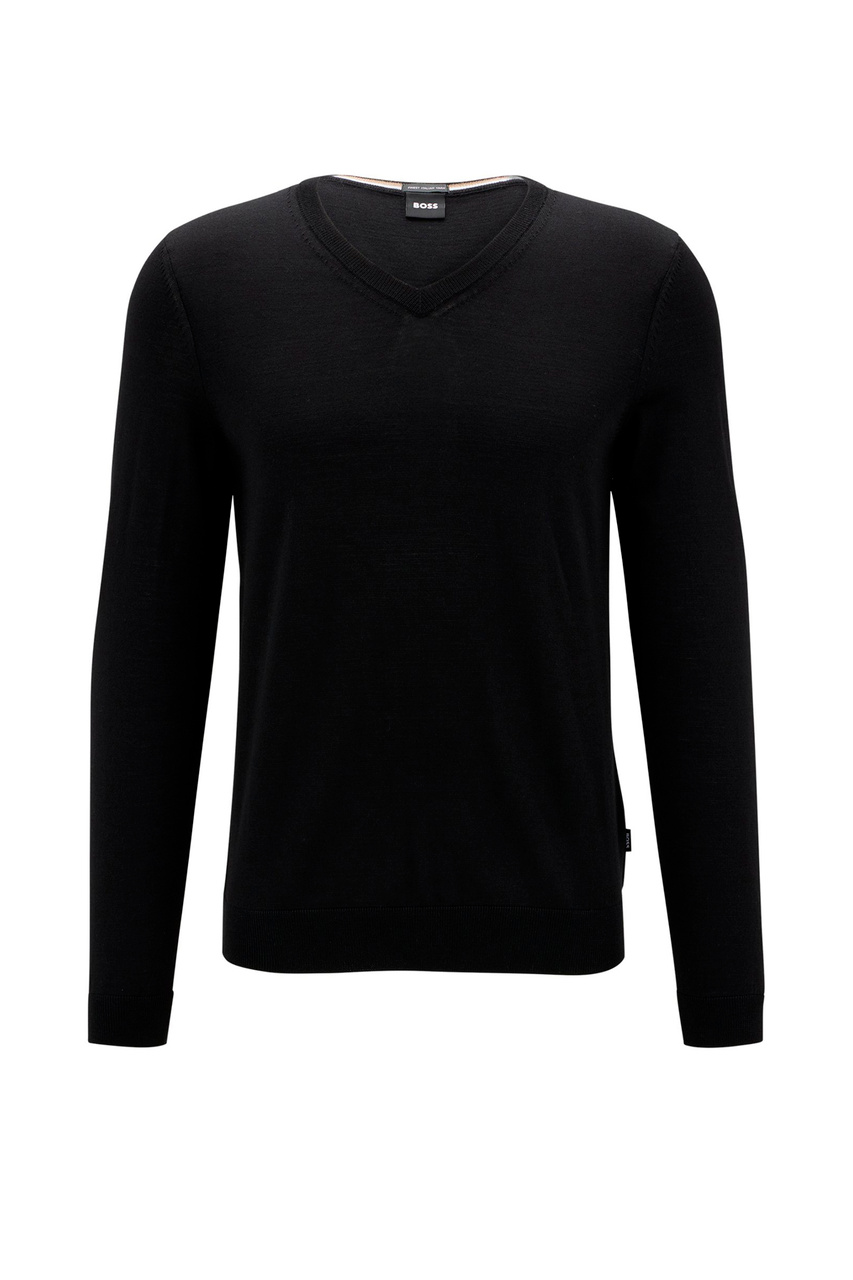 Пуловер из натуральной шерсти с V-образным вырезом|Основной цвет:Черный|Артикул:50468261 | Фото 1