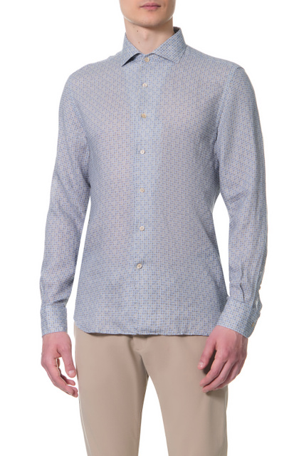 Льняная рубашка с принтом|Основной цвет:Синий|Артикул:89P126-2111903 | Фото 1