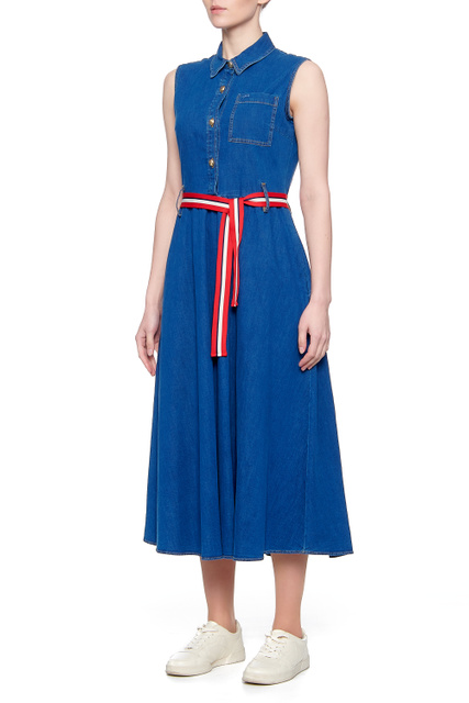 Джинсовое платье с контрастным поясом|Основной цвет:Синий|Артикул:UA1168D4435 | Фото 2