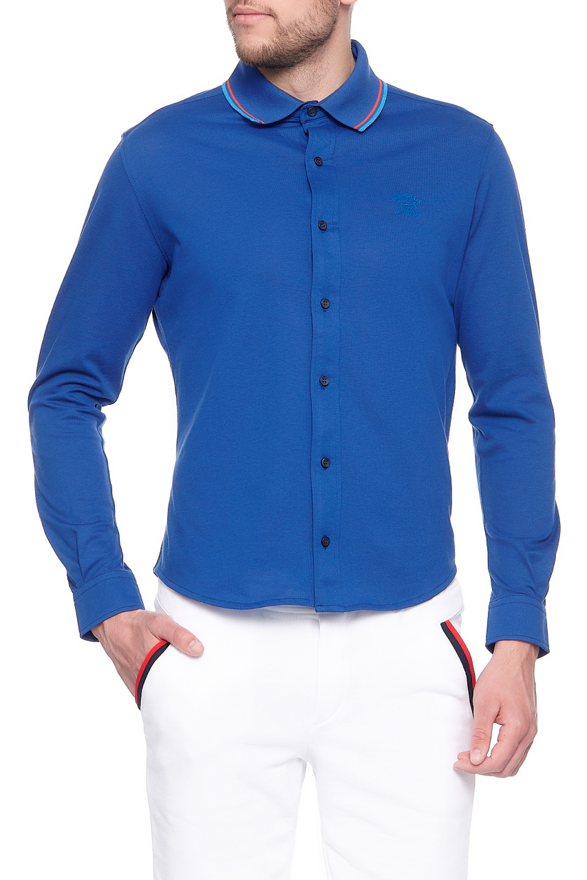 Трикотажная рубашка с фирменной вышивкой на груди|Основной цвет:Синий|Артикул:21411600 | Фото 1