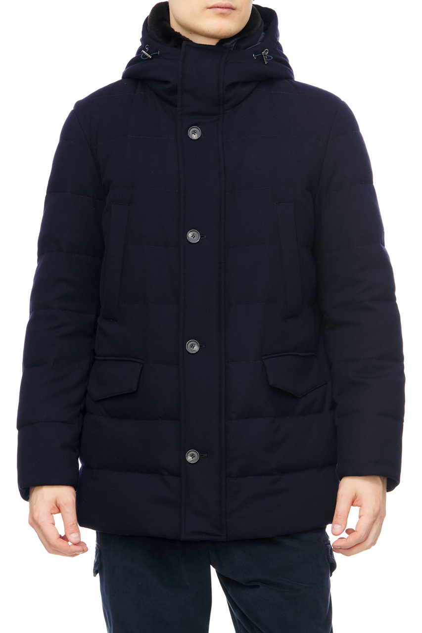 Куртка из смесовой шерсти с капюшоном на кулиске|Основной цвет:Синий|Артикул:9025E4-2820153 | Фото 1
