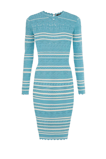 Облегающее платье в технике кроше с контрастными полосками|Основной цвет:Голубой|Артикул:AM42S31E2 | Фото 1