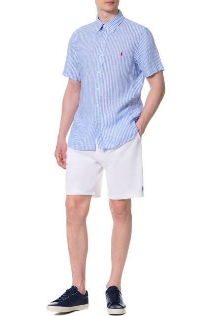 Льняная рубашка с коротким рукавом|Основной цвет:Голубой|Артикул:710867680001 | Фото 2