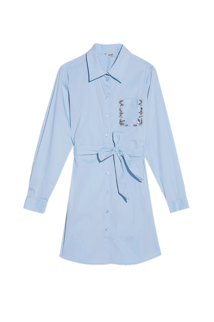Короткое поплиновое платье-рубашка с поясом|Основной цвет:Голубой|Артикул:WA2283T3073 | Фото 1